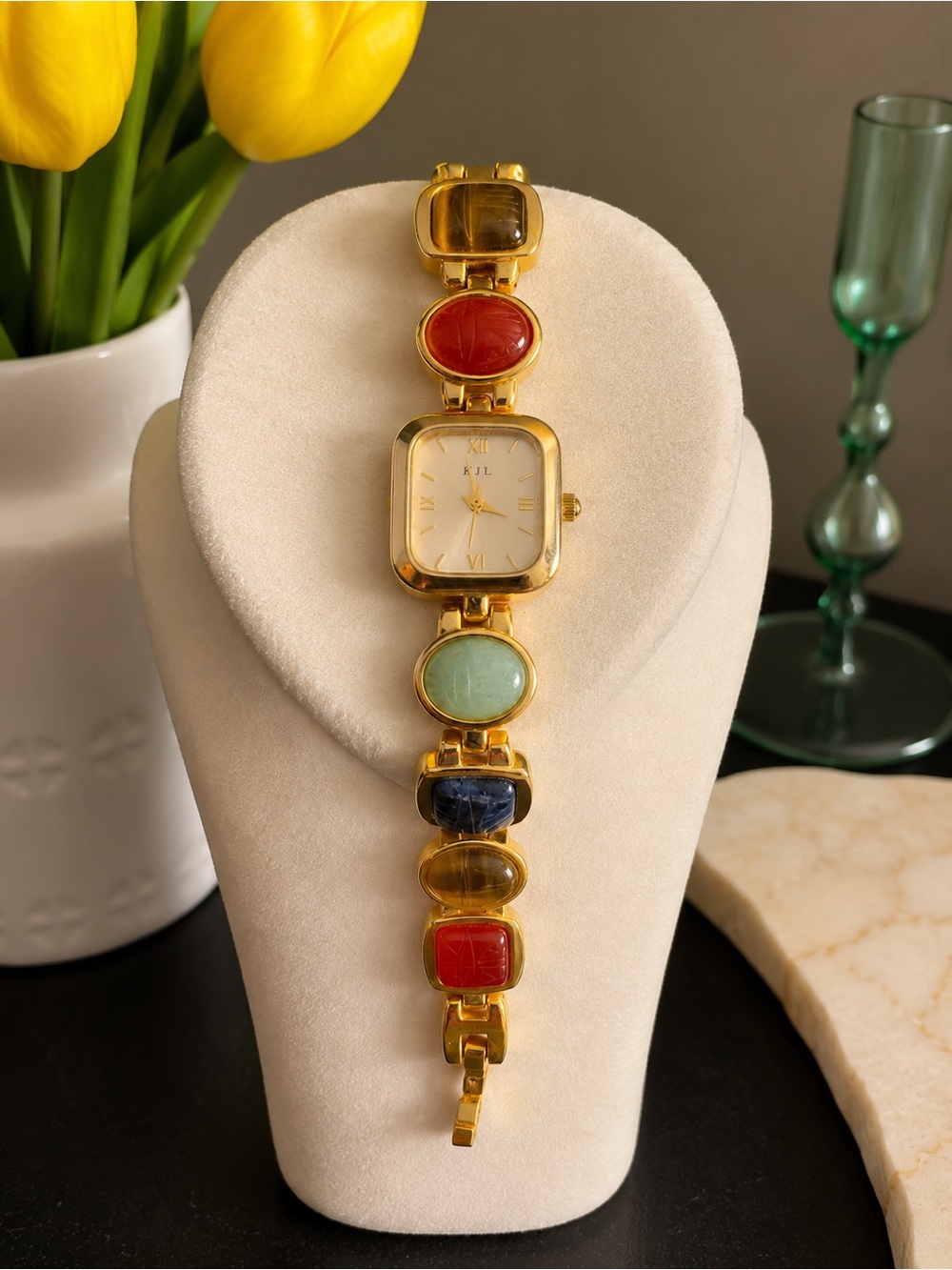 KJL Kenneth Jay Lane Genuine Gemstone Gold Tone Bracelet Watch Vintage
